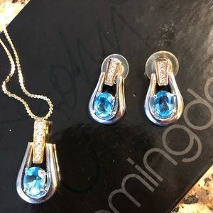Diamond and blue topaz gold earrings and necklace